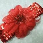 Red Sequin Headband With Red Feather Flower For..
