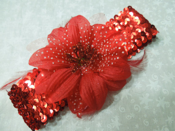 Red Sequin Headband With Red Feather Flower For Children, Baby, Hair Accessories By Marlenesattic